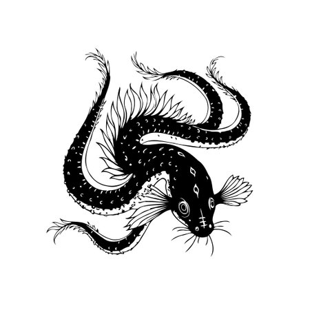 A monochrome illustration of an eel-like creature with textured skin and flowing fins, depicted in a detailed and artistic style. The drawing captures the essence of a mythical and aquatic animal.のイラスト素材