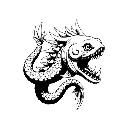 Illustration of a ferocious sea serpent, a mythical marine creature with intricate scales and sharp teeth. This artwork captures the essence of fantasy and danger.のイラスト素材