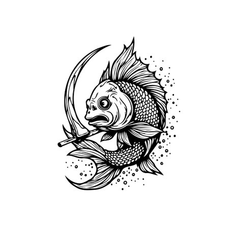 Detailed black and white vector illustration of a fish pierced by a sword, perfect for tattoo designs or graphic art.のイラスト素材