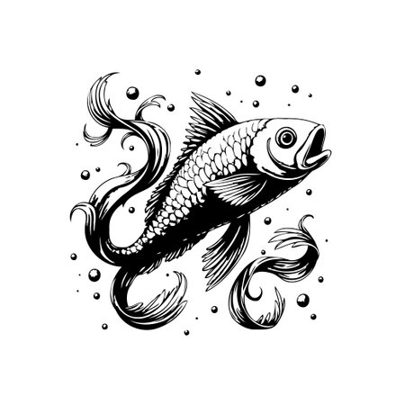 Monochrome vintage illustration of a fish swimming gracefully with stylized fins and bubbles. The illustration is designed with simple background, creating a classic and artistic aquatic image.のイラスト素材