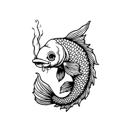 Detailed black and white illustration of a smoking koi fish. The artwork captures the beauty and symbolism associated with koi fish in oriental cultures.のイラスト素材