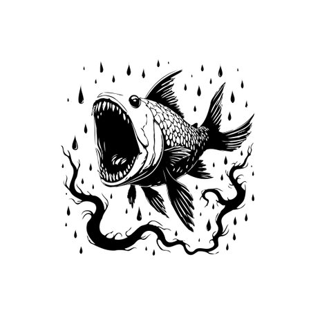 An illustration of a creepy ferocious fish with an open mouth in a rainy forest creates a scary halloween concept. The artwork blends nature and fantasy elements for a unique design.のイラスト素材