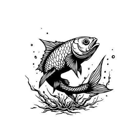 A striking monochrome fish illustration highlights detailed scales and fins, capturing aquatic elegance in a unique graphic style. Perfect for artistic and marine themesのイラスト素材