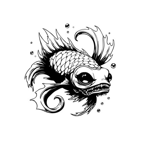 A stylized black and white illustration of a unique fish with intricate scales, prominent fins, and menacing teeth. The artwork exudes a captivating blend of fantasy and danger.のイラスト素材