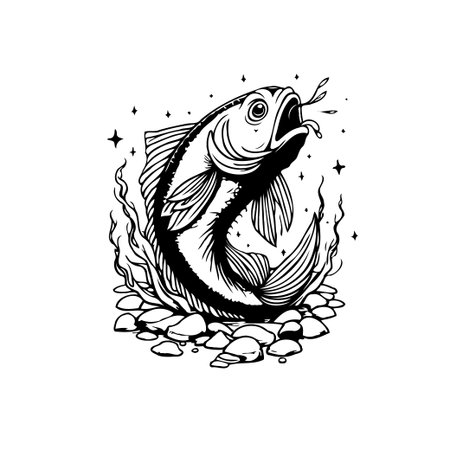A black and white illustration shows a fish leaping from the water surrounded by stars and rocks. The design is striking and dynamic.のイラスト素材
