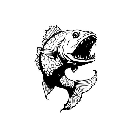 A detailed black and white vector illustration of a predatory fish featuring sharp teeth. Ideal for fishing themes, logos, and graphic design projects.のイラスト素材