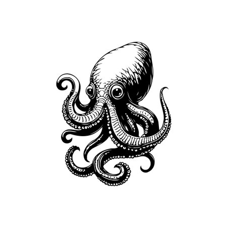 Detailed black and white illustration of an octopus. The intricate design showcases the beauty of marine life with a vintage touch. Ideal for nautical themes, tattoos, or artistic projects.のイラスト素材