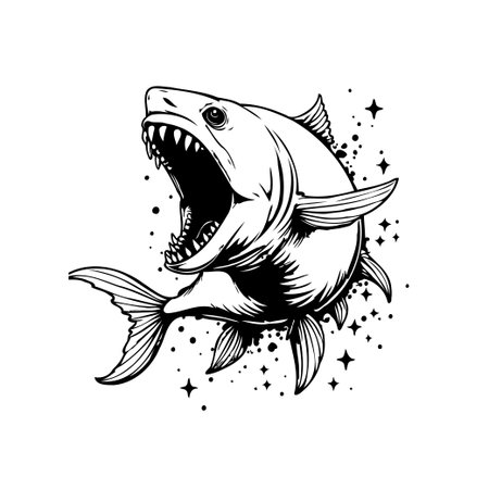 A striking black and white illustration of a shark with sharp teeth and an open mouth, conveying a sense of power and danger, suitable for various designs.のイラスト素材
