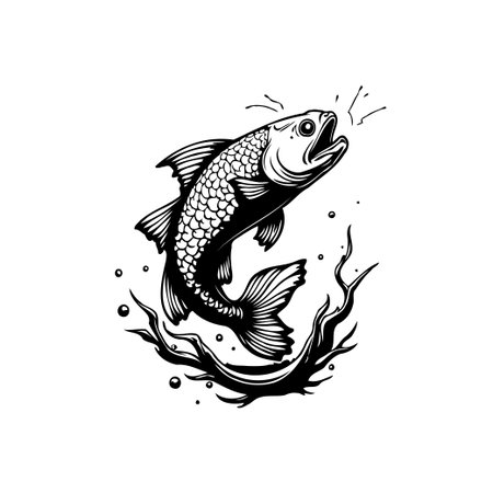 A black and white illustration showcases a fish leaping from the water, rendered in a whimsical style perfect for decorative purposes.のイラスト素材