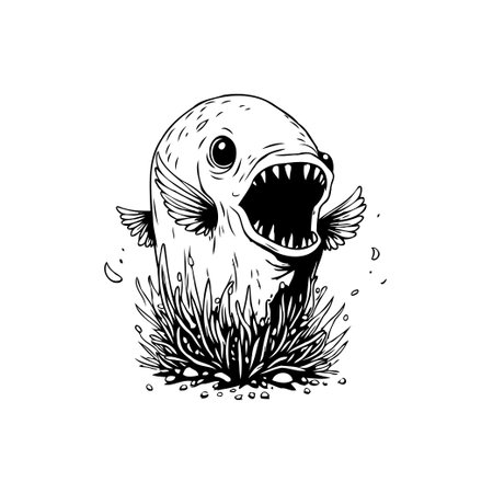 A cartoonish aquatic monster with sharp teeth emerging from seaweed, black and white vector illustration for print or web design.のイラスト素材