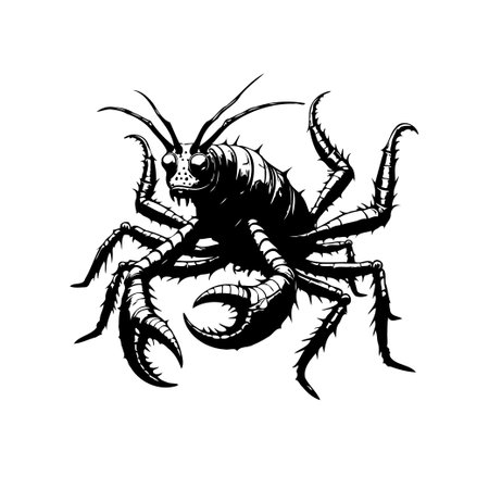 A black and white illustration showcases a formidable arthropod creature. Its design includes prominent claws, spikes, and multiple legs, contributing to a menacing and eerie aesthetic, perfect for illustrative projects.のイラスト素材