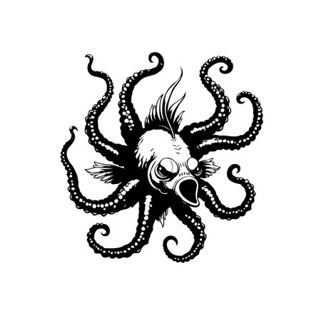 This illustration showcases a bizarre creature blending a fish with octopus tentacles. The monochrome design adds a surreal touch, making it suitable for fantasy or marine-themed projects.のイラスト素材