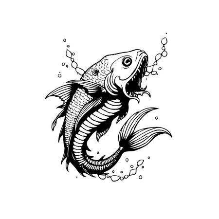 A detailed black and white illustration features a stylized fish with its mouth open, surrounded by bubbles, making it a striking design.のイラスト素材
