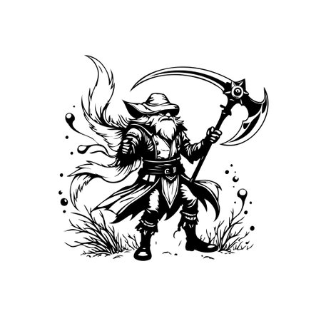 A strong warrior is ready for battle, holding a massive scythe and wearing a hat, a fantastic illustration in black and white, design, concept, vector.のイラスト素材