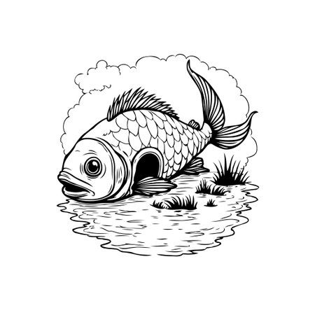 A detailed monochrome illustration of a fish seemingly emerging from a body of water, emphasizing a tranquil and artistic representation of wildlife in nature.のイラスト素材