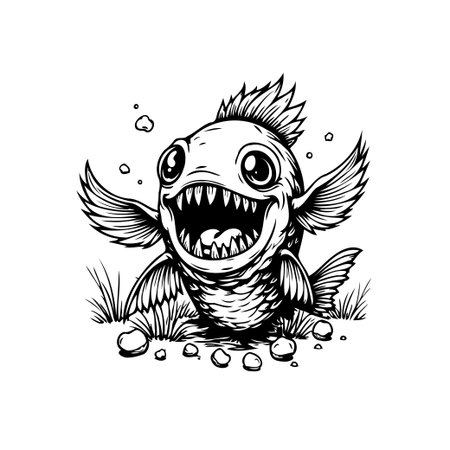 A black and white cartoon illustration showcases a cheerful fish with a wide, toothy grin, evoking happiness. The playful artwork is rendered in a simple, minimalist style.のイラスト素材