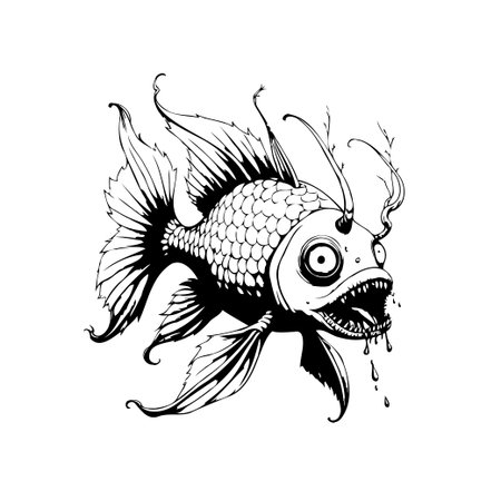 A stylized, hand-drawn illustration features a bizarre fish character with exaggerated features. The design is unique and imaginative, rendered in black and white, creating a striking visual effect.のイラスト素材