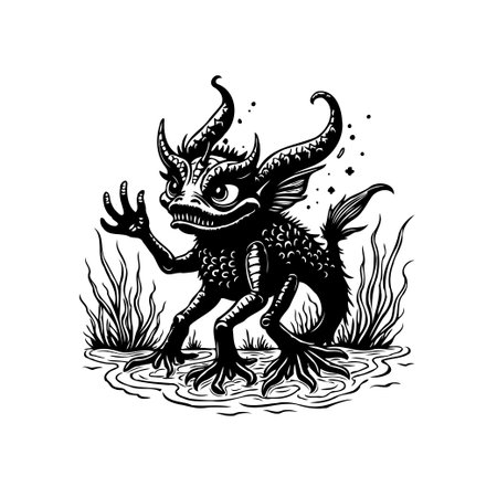 A black and white illustration depicts a horned creature emerging from the water. Vegetation surrounds it, and a mystical aura creates an eerie atmosphere.のイラスト素材
