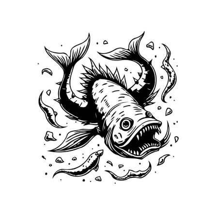 A monochrome illustration showcases a scary fish with sharp teeth, perfect for edgy designs and fishing-themed prints. It conveys a sense of danger and the wild beauty of marine life.のイラスト素材