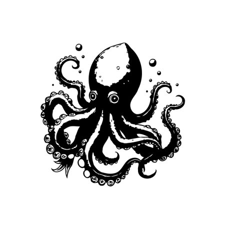 A detailed black and white illustration of an octopus. The octopus features intricate tentacles, each adorned with detailed suckers. A dynamic sea creature design.のイラスト素材