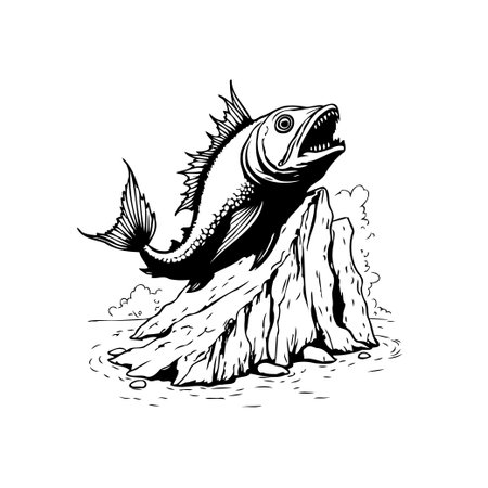 A striking black and white illustration showcases a fish leaping out of the water, perched atop a rock. The detailed line work captures the essence of marine life.のイラスト素材