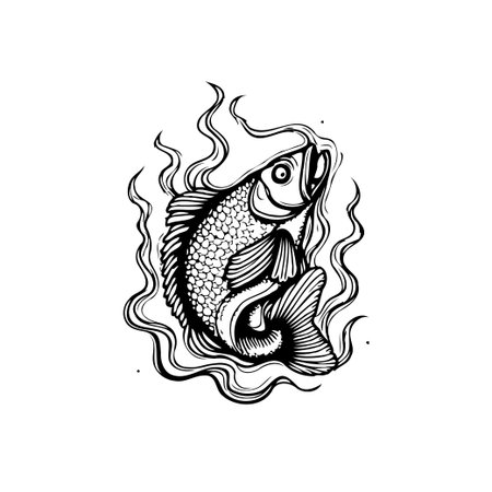 A detailed and stylized black and white illustration of a fish swimming, depicted with flowing lines to represent water currents and intricate scale patterns.のイラスト素材