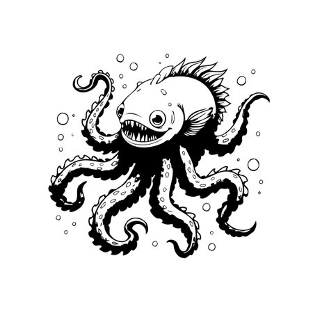 A surreal and creepy illustration featuring a fish-octopus hybrid. This bizarre creature has menacing teeth and floats among deep sea bubbles, creating a spooky and humorous scene.のイラスト素材