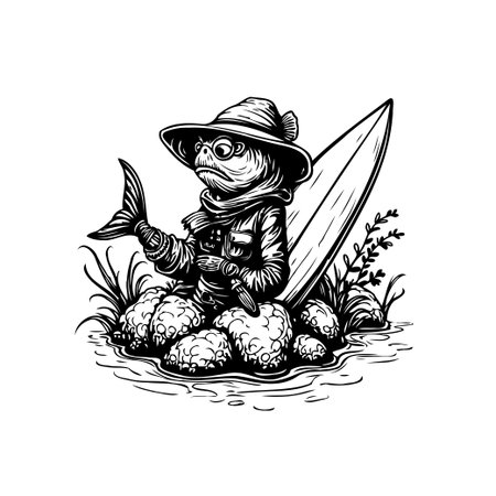 A humorous black and white illustration features an aquatic creature with a hat, holding a fish, standing near a surfboard in the water.のイラスト素材