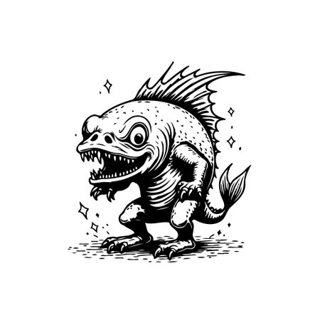A whimsical and creepy monster fish with legs, an unusual creature illustration artwork for fantasy. A strange and silly character, suitable for any product, design, or art, black and white drawing.のイラスト素材