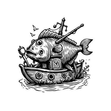 A unique illustration of a fish-shaped boat sailing on the ocean. This detailed, black and white artwork brings a sense of fantasy and adventure to life.のイラスト素材