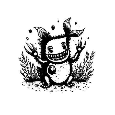 A cute and friendly monster stands amidst stylized foliage, its cheerful grin and raised arms radiating happiness. This charming vector illustration is perfect for playful designs.のイラスト素材