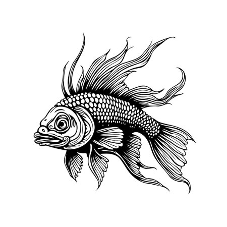 An artistic monochrome illustration of a goldfish, featuring detailed scales and flowing fins. Isolated on a white background, this artwork evokes elegance and aquatic beauty.のイラスト素材