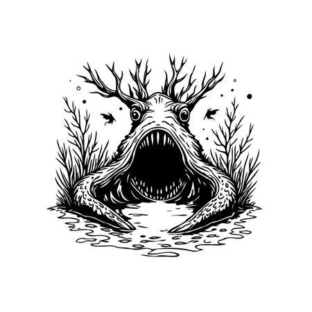 A black and white illustration depicts a grotesque swamp monster emerging from the dark waters of its habitat, complete with tree branch antlers.のイラスト素材