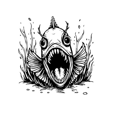 A cartoon-style illustration depicts an anglerfish in black and white. The fish has a large, open mouth filled with sharp teeth and wide, surprised eyes, giving it a slightly scary yet cute appearance.のイラスト素材