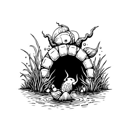 A detailed ink drawing illustrates a fish emerging from an arched brick tunnel into a body of water surrounded by plants. The monochromatic style adds a mystical and surreal touch.のイラスト素材