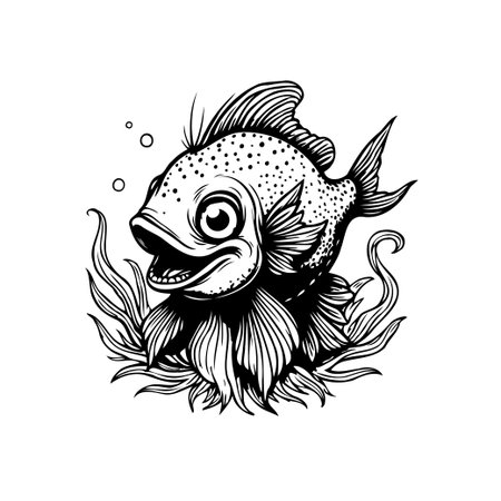 A black and white illustration features a surprised-looking fish surrounded by flowing seaweed. The art style is cartoonish and decorative, suitable for whimsical designs.のイラスト素材