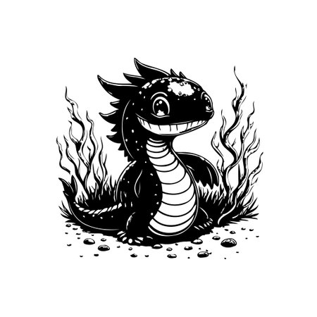 A cute and adorable baby dragon illustration with a friendly smile. Ideal for children's books, fantasy-themed projects, or whimsical designs. Black and white style.のイラスト素材