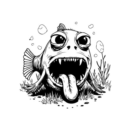 A cartoon vector image showcases a monstrous fish with an exaggeratedly wide mouth and sharp teeth, creating a comical and slightly scary illustration.のイラスト素材