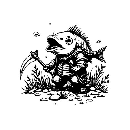 A whimsical illustration of a fish grim reaper wielding a scythe, blending aquatic elements with macabre fantasy in a surreal and humorous way.のイラスト素材