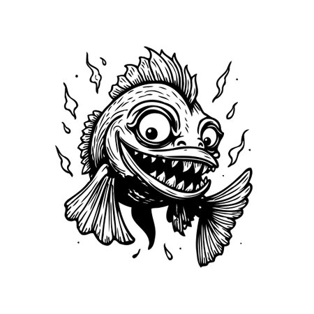 An amusing cartoon illustration features a fish with exaggerated features, grinning widely and revealing pointy teeth. The black and white design adds a touch of humor and whimsy.のイラスト素材