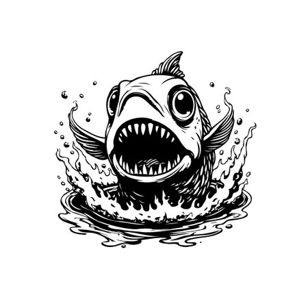A black and white cartoon illustration shows a menacing fish emerging from the water with its mouth wide open, creating a striking and memorable image.のイラスト素材