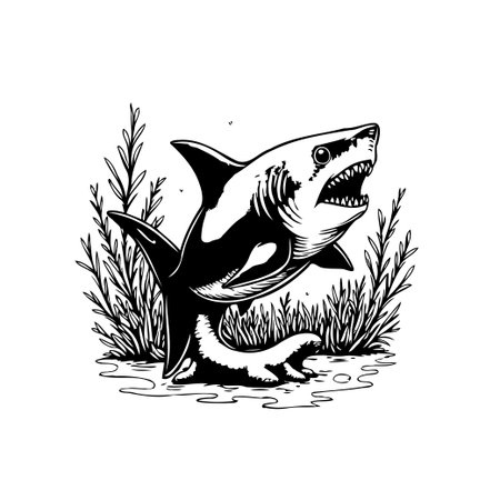 A striking monochrome illustration depicts a shark emerging from sea plants. The detailed linework captures the shark's powerful presence and the underwater environment's intricacies.のイラスト素材