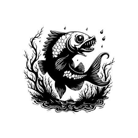 Detailed graphic of a menacing fish in black and white leaping out of water. Ideal for wildlife, fishing, or fantasy themed projects.のイラスト素材