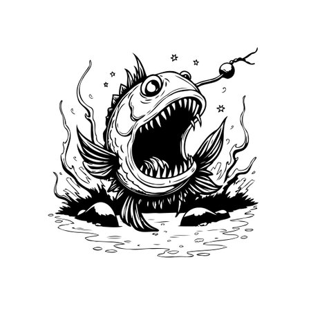 Angry fish illustration. A stylized cartoon fish with an open mouth and sharp teeth is caught on a fishing hook. Black and white design ideal for various creative projects.のイラスト素材