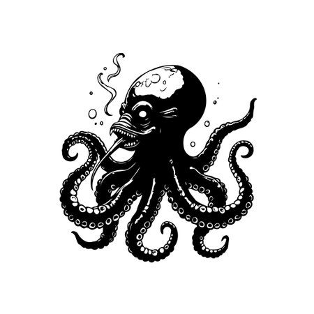 An illustrated octopus with a creepy human face. It is designed in black and white, perfect for Halloween projects. It's a strange and interesting illustration.のイラスト素材
