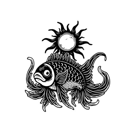 A detailed black and white tattoo design showcases a goldfish with the sun, blending artistic illustration and cultural symbolism, the artwork evokes tranquility.のイラスト素材