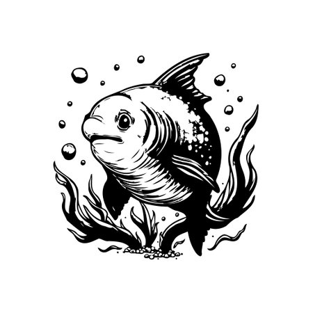 A detailed black and white illustration showcases a fish amidst underwater flora. Bubbles accent the scene, highlighting the aquatic environment in a simple yet elegant style.のイラスト素材