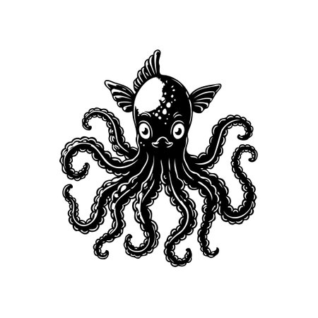 A captivating monochrome illustration of a cute octopus. Its expressive eyes and intricately detailed tentacles create a whimsical and charming marine artwork, perfect for various creative projects.のイラスト素材
