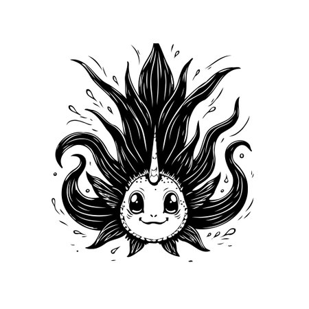 This black and white illustration features a whimsical creature with plant-like features and a cute, smiling face, conveying a sense of fantasy and joy.のイラスト素材
