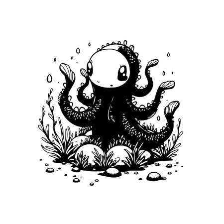 A cute, hand-drawn black and white octopus illustration with big eyes sits on a seabed surrounded by seaweed and pebbles. Perfect for children's books or marine-themed designs.のイラスト素材